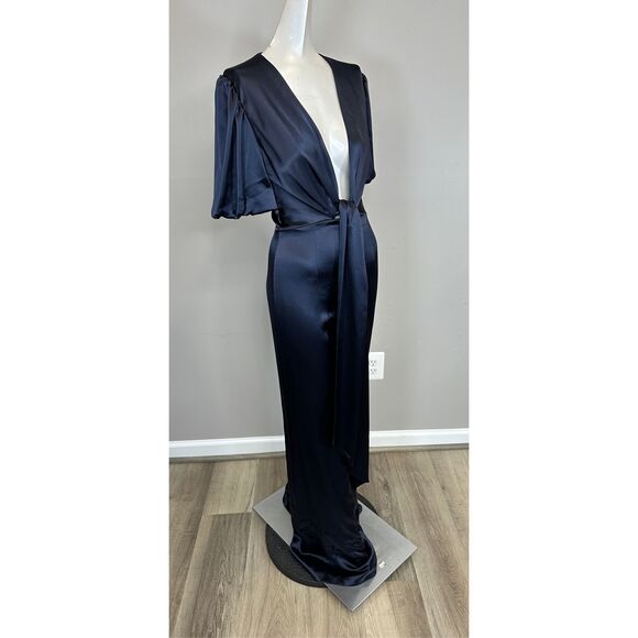 NWT Galvan London Plunge Eden Tie Waist Satin Wide leg Jumpsuit Midnight $1725 - Picture 8 of 10